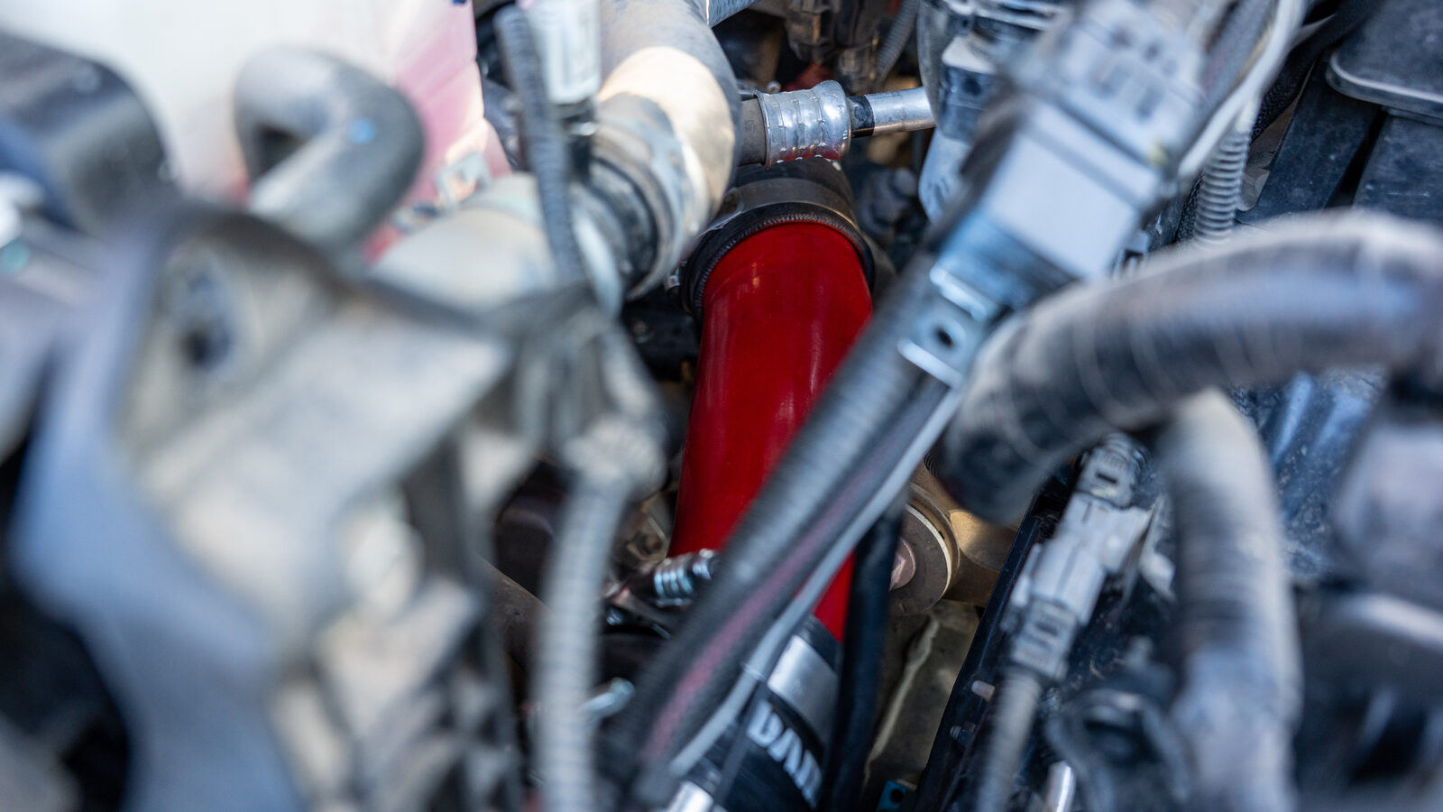 Close-up of a Banks red silicone coupler joining the stainless charge tube, held by a constant-tension T-bolt clamp in the Tacoma engine bay