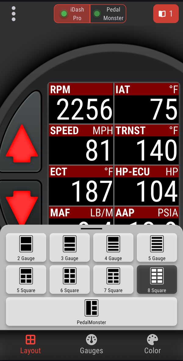 Banks iDash layout picker open over the live gauge screen, showing the 2, 3, 4, 5 gauge and 5, 6, 7, 8 square options with eight-square selected and a dedicated PedalMonster layout below
