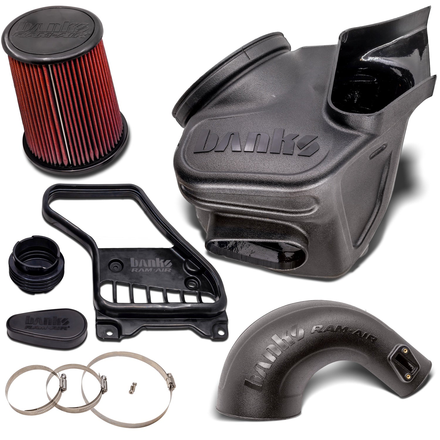 Banks Ram-Air Intake 42291 complete kit contents including housing, filter, intake tube, and hardware